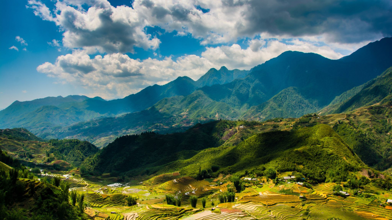 Scenic view of Sapa with terraced rice fields and a Hmong village