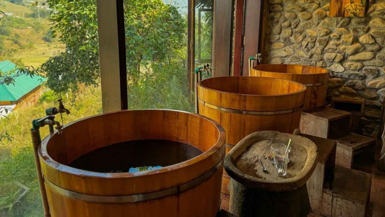 Traditional homestay and valley landscape in Ha Giang, northern Vietnam